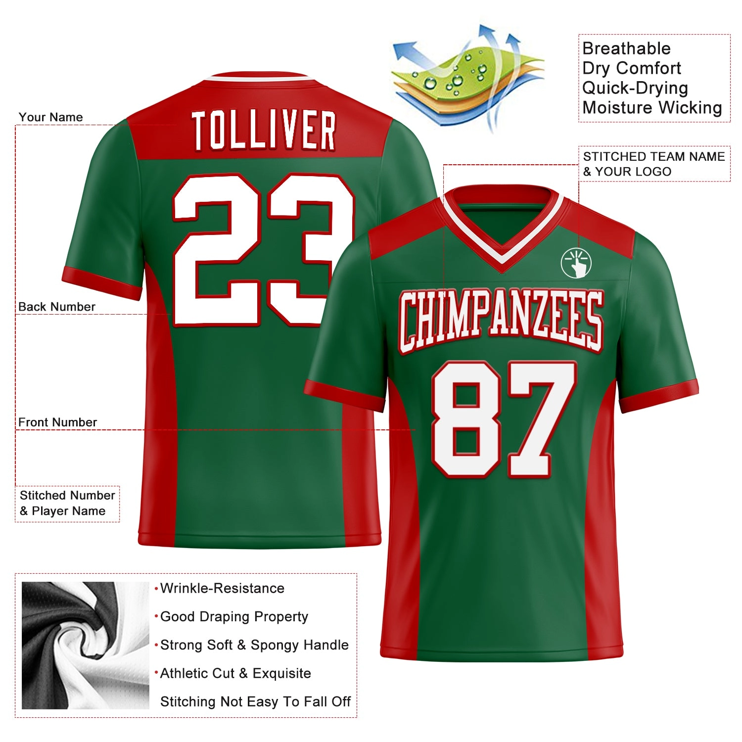 Custom Kelly Green White-Red Mesh Authentic Football Jersey