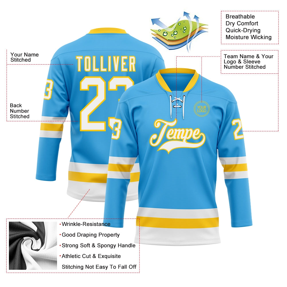 Custom Sky Blue White-Yellow Hockey Lace Neck Jersey