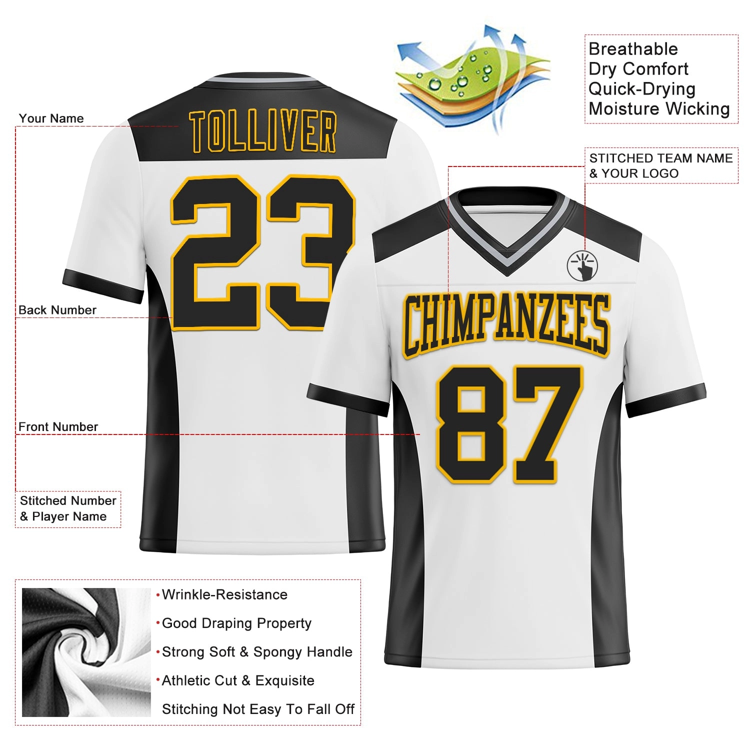 Custom White Black-Gold Mesh Authentic Football Jersey