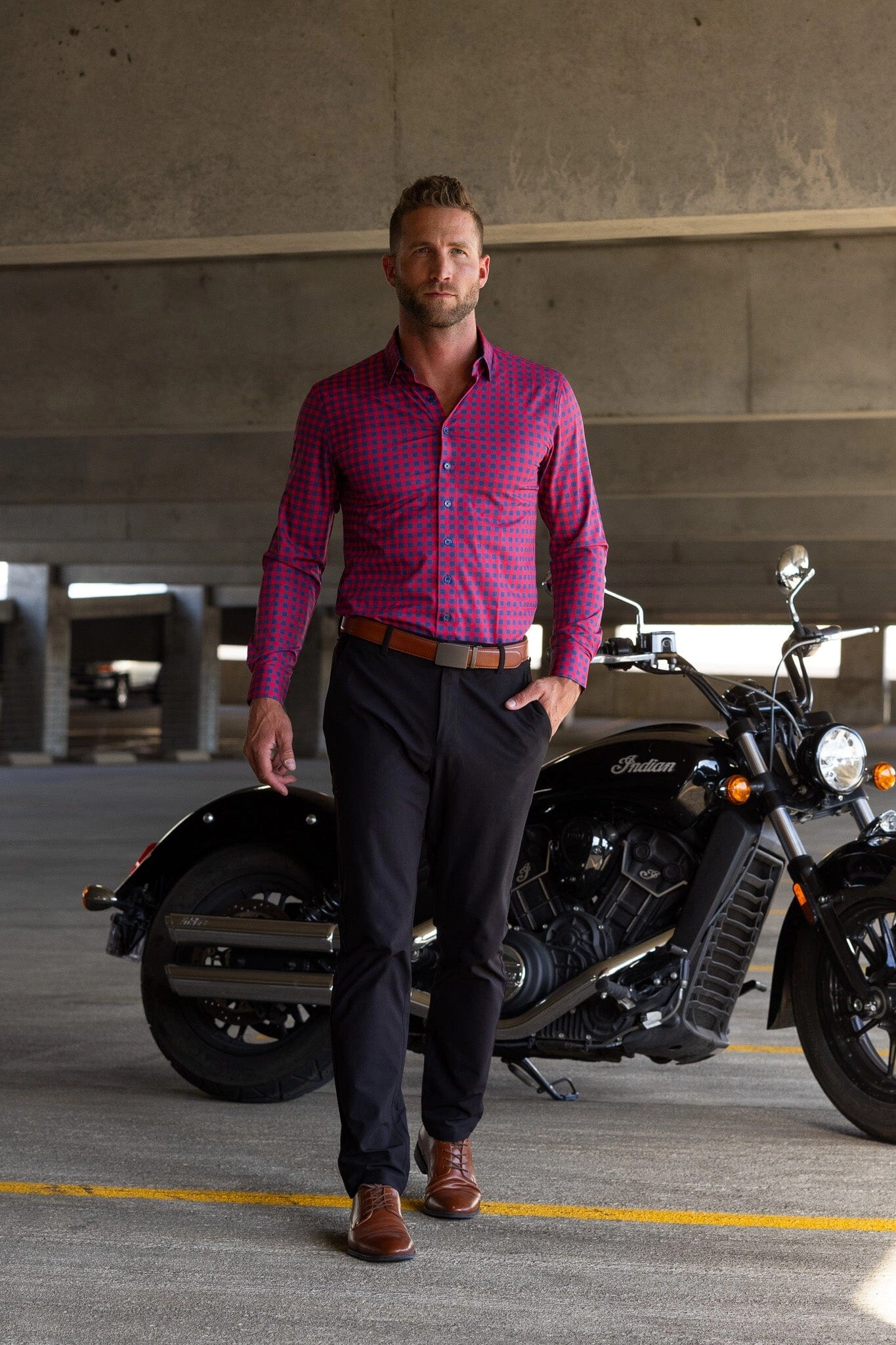 Hustle Sport Shirt - Long Sleeve - Red Navy Gingham