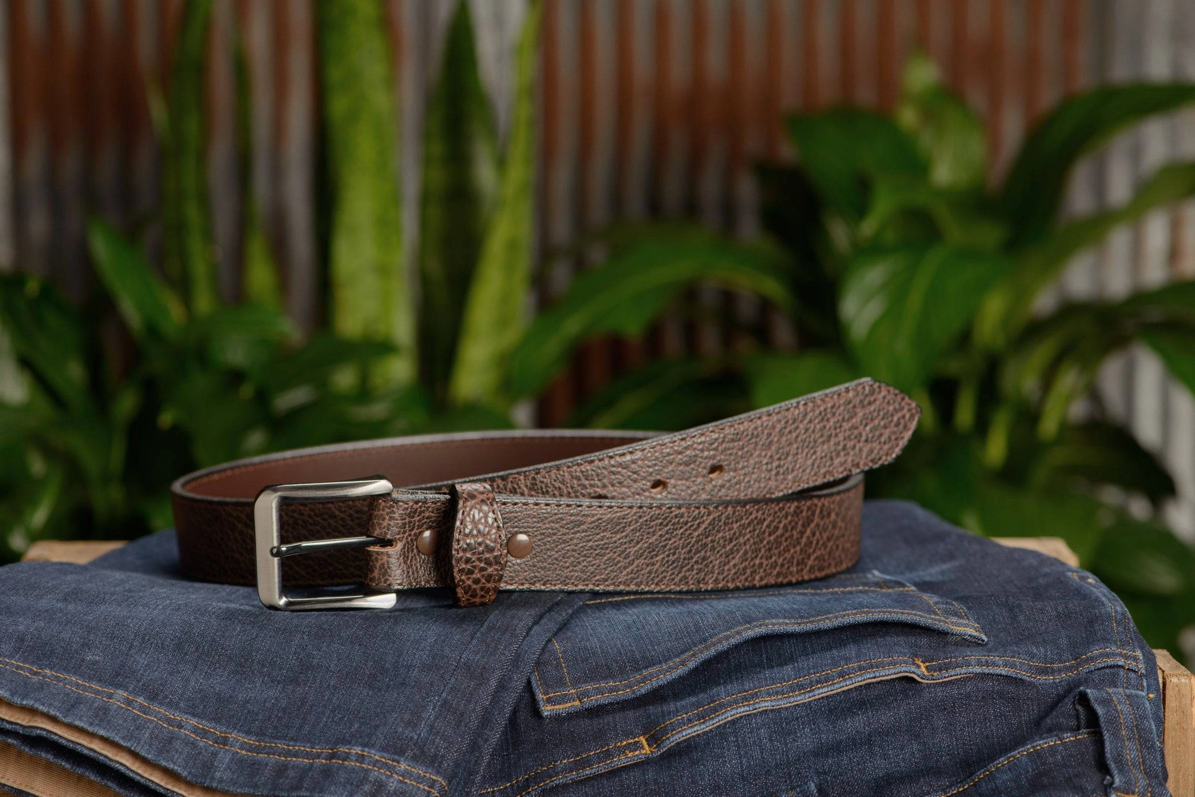 The Forester: Men's Brown Stitched American Bison Leather Belt 1.50"