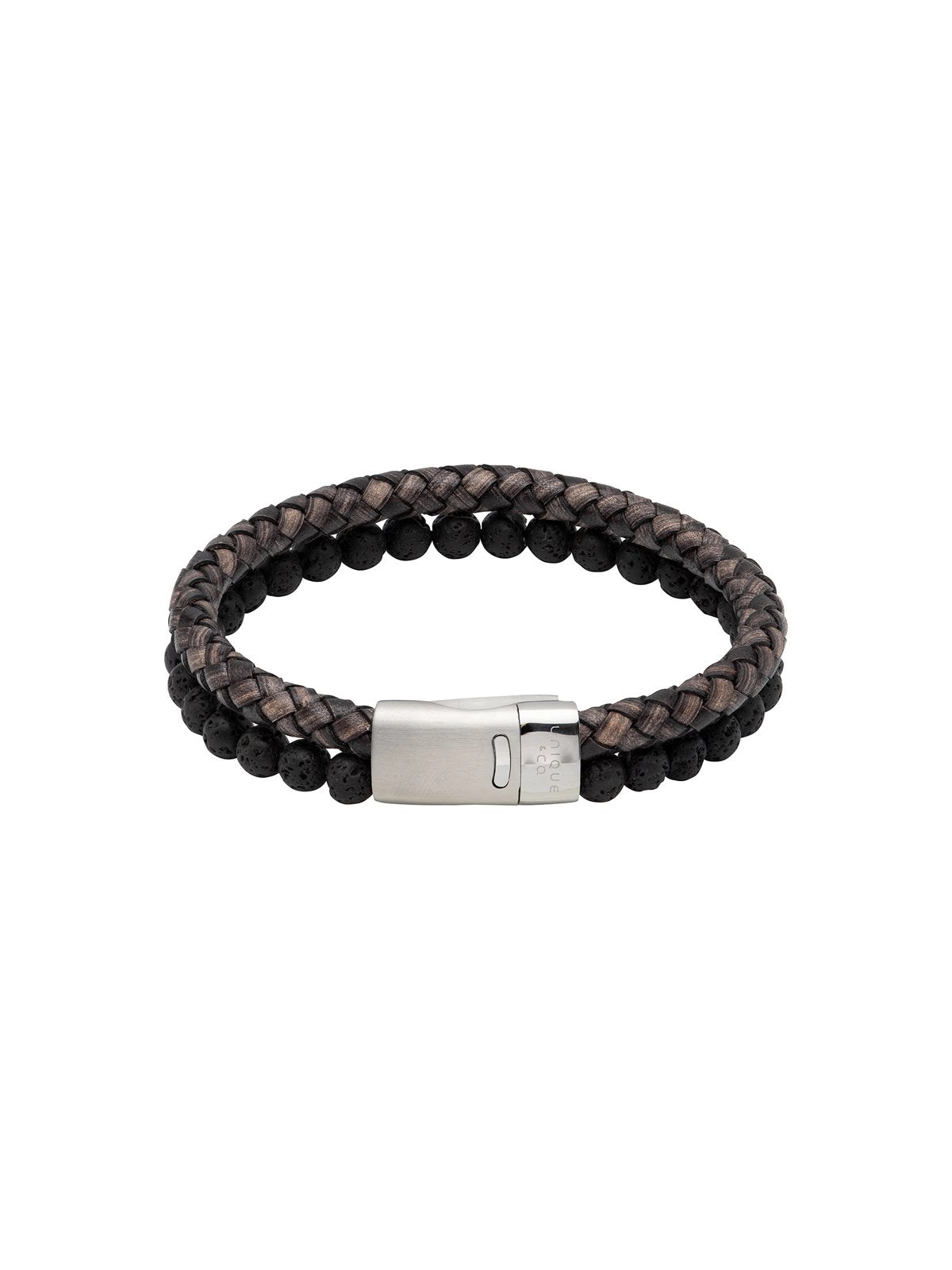 Unique & Co. 21cm Antique Black Leather and Lava Stone Bracelet with Steel Magnetic Clasp